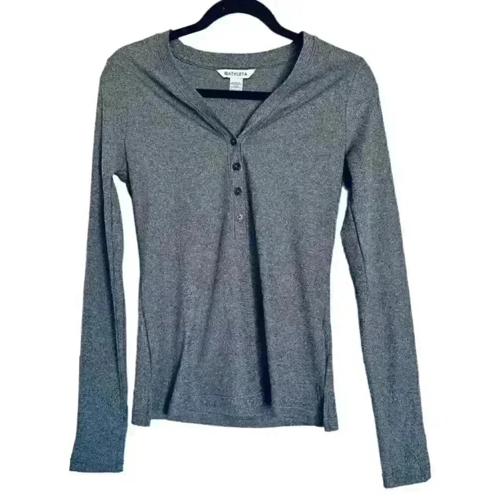 ATHLETA Uptempo Ribbed Henley Top Long Sleeve Shirt Thumbholes Gray Extra Small